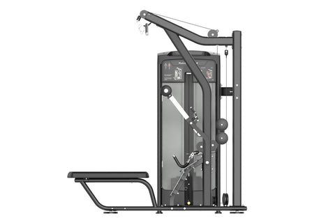 Black and gray commercial lat pulldown and seated row machine with padded seat, dual weight stacks, and adjustable handles on