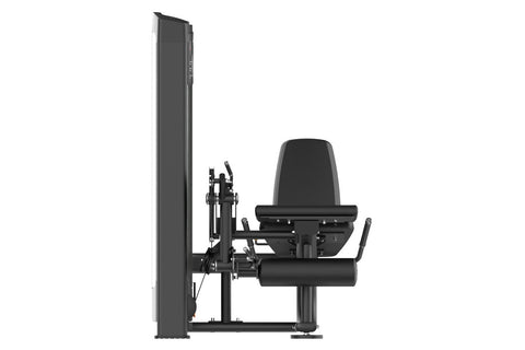 Black commercial leg extension machine with padded seat and backrest, weight stack visible on tall frame, on white background