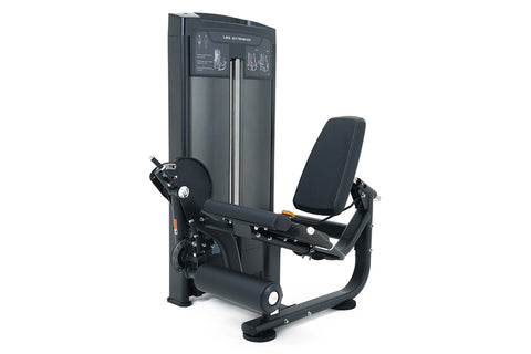 Black commercial leg extension machine with padded seat and backrest, weight stack visible on tall frame, on white background