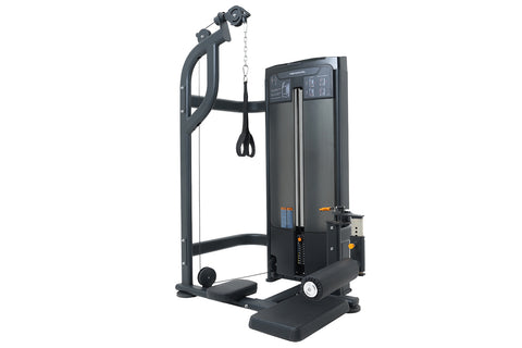 Black commercial abdominal exercise machine with digital display, padded seat, and overhead cable attachment system on white 