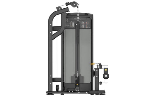 Black commercial abdominal exercise machine with digital display, padded seat, and overhead cable attachment system on white 