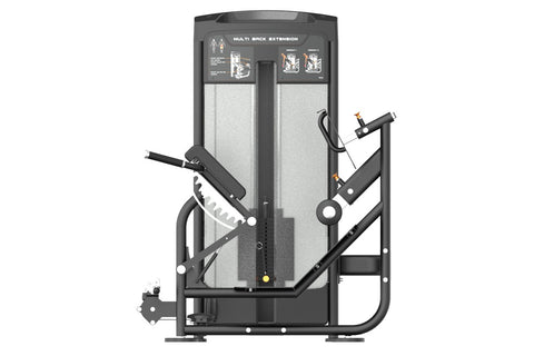 Black and gray commercial multi back extension machine with padded seat and backrest, instruction panel, and weight stack on 
