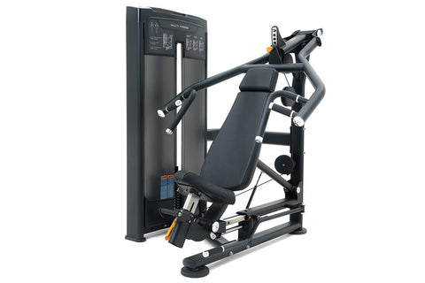 Black commercial multi-press exercise machine with padded seat, dual handles, and digital display panel on white background