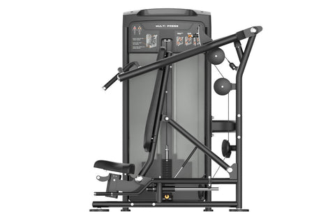 Black commercial multi-press exercise machine with padded seat, dual handles, and digital display panel on white background