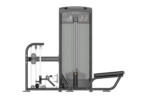 Multi-row leg press machine with black frame, gray padded seat, dual footplates, and instruction panel on white background