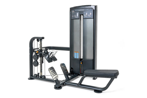 Multi-row leg press machine with black frame, gray padded seat, dual footplates, and instruction panel on white background
