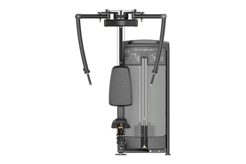 Black commercial pectoral fly and rear deltoid machine with padded seat, dual weight stacks, and instruction decal on white b