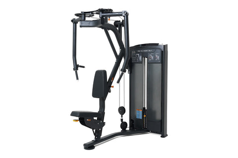 Black commercial pectoral fly and rear deltoid machine with padded seat, dual weight stacks, and instruction decal on white b