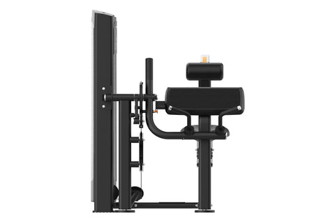 Black and gray Warrior Elite commercial seated arm curl/extension machine with padded seat and handles, front view on white b