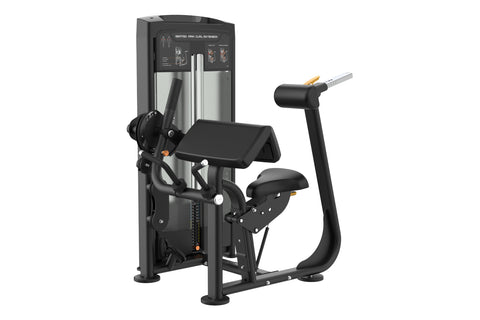 Black and gray Warrior Elite commercial seated arm curl/extension machine with padded seat and handles, front view on white b