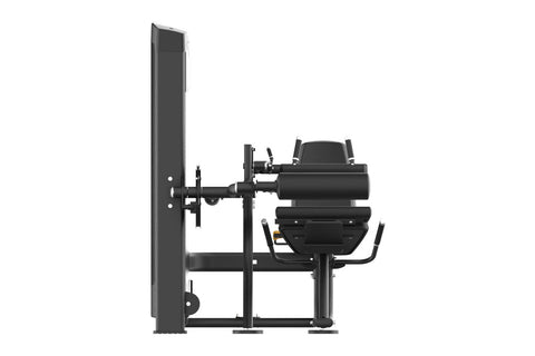 Black leg curl exercise machine with padded seat, weight stack tower, and dual metal handles on white background