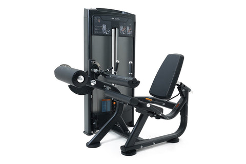 Black leg curl exercise machine with padded seat, weight stack tower, and dual metal handles on white background