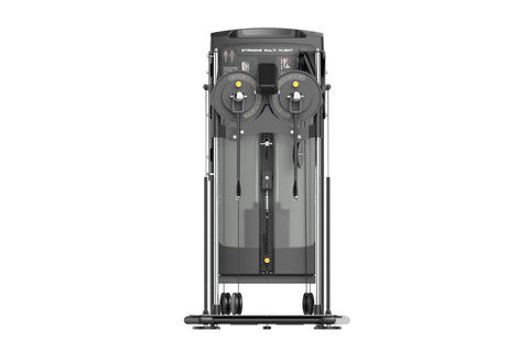 Black and gray commercial standing flight trainer with dual control wheels, digital display, and metal footplate on white bac