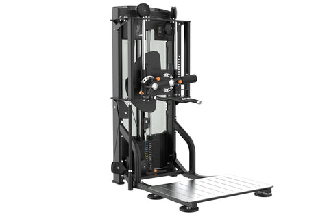 Black and orange commercial standing arm exercise machine with dual handles, weight stack, and metal base platform on white b