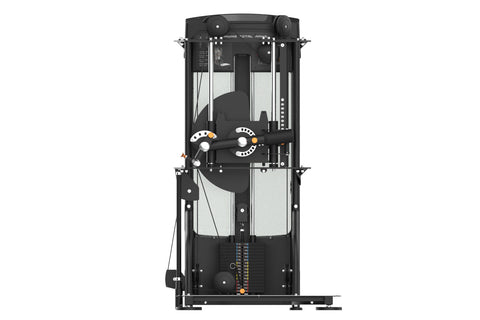 Black and orange commercial standing arm exercise machine with dual handles, weight stack, and metal base platform on white b