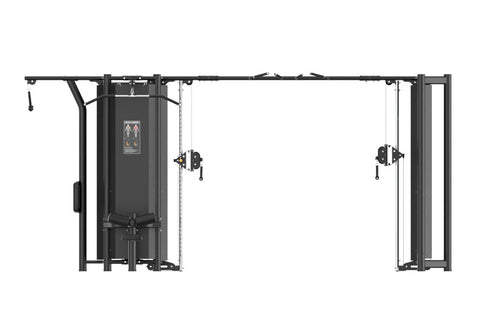 Black multi-station cable gym with five exercise stations, instruction decals, and overhead pull-up bar on white background