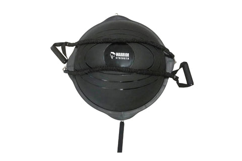 Black balance ball trainer with resistance bands and handles on white background