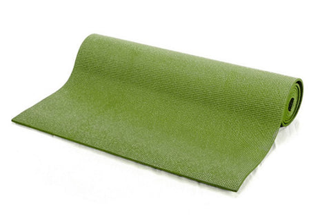 Rolled sage green yoga mat with textured surface on white background