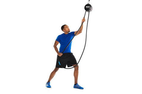 Black battle rope with blue accent stripe, metal carabiner attachment, and "Warrior Strength" branding, coiled on white backg