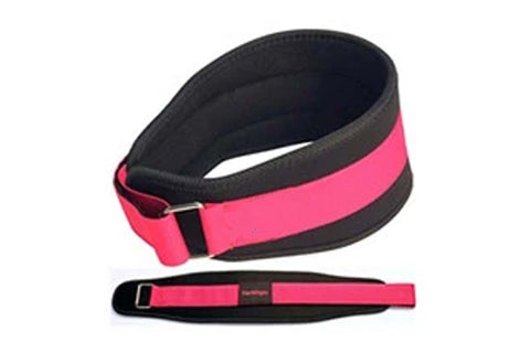 Warrior Women's 5" foam core weightlifting belt in neon pink and black with metal buckle closure, shown rolled and flat lay o