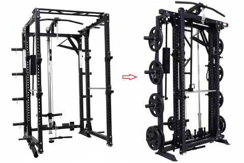 Black steel freestanding power rack with cable pulleys, weight plate storage, and adjustable bar positions on white backgroun
