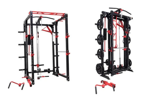 Black steel freestanding power rack with cable pulleys, weight plate storage, and adjustable bar positions on white backgroun