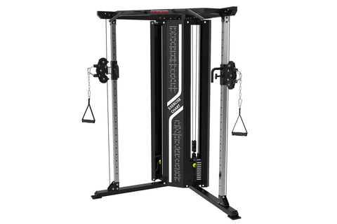 Warrior FT900 black and silver cable pulley functional trainer with dual weight stacks and suspended foot platforms on white 