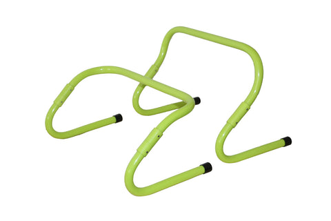 Bright lime green adjustable speed hurdles with black foot pegs on white background