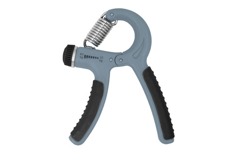 Warrior hand grip strengthener with gray frame, black rubber handles, and adjustable spring resistance dial on white backgrou