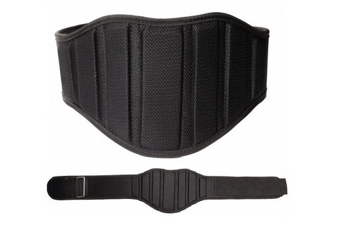 Black neoprene weightlifting belt with contoured lumbar support and metal buckle closure, shown front and side views on white