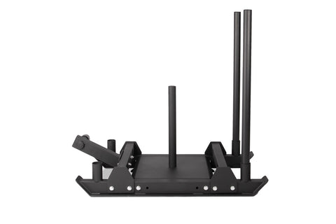 Black steel wheelbarrow push sled with three tall antenna-like handles and adjustable side arms on white background