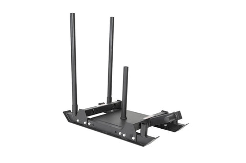 Black steel wheelbarrow push sled with three tall antenna-like handles and adjustable side arms on white background
