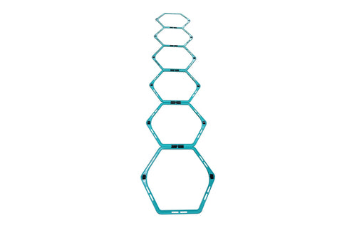 Teal hexagonal agility ladder with six connected segments and black connectors, displayed vertically on white background
