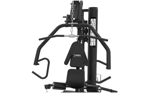 Black multi-station home gym with leg press, seated chest press, lat pulldown, and cable system on white background