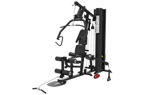 Black multi-station home gym with leg press, seated chest press, lat pulldown, and cable system on white background