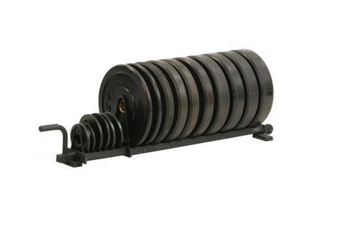 Warrior Horizontal Bumper Rack with black rubber-coated weight plates on white background