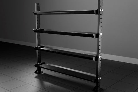 Four-tier metal weight storage rack with gray frame holding six exercise balls on top shelf, six stability balls on second sh