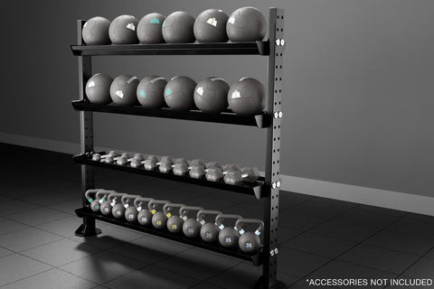 Four-tier metal weight storage rack with gray frame holding six exercise balls on top shelf, six stability balls on second sh