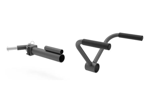 Warrior Landmine Attachment with black foam grips and dual cylindrical handles, shown from two angles on white background