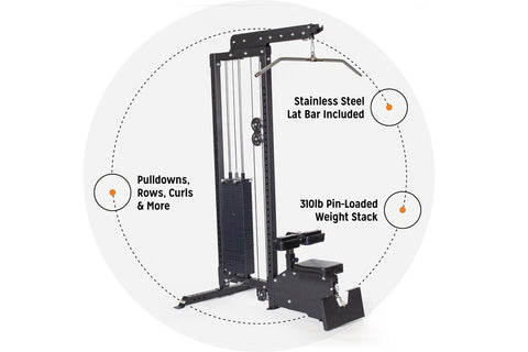Black cable machine with lat pulldown and low-row attachment, featuring weight stack and adjustable handles on white backgrou