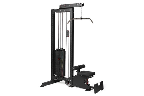 Black cable machine with lat pulldown and low-row attachment, featuring weight stack and adjustable handles on white backgrou