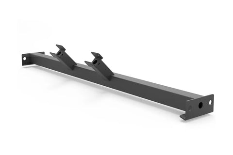 Black steel leg press support attachment with dual upright clamps and mounting holes on white background