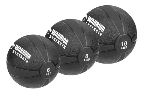 Three black Warrior Strength medicine balls in 6, 8, and 10 pound sizes displayed in a row on white background
