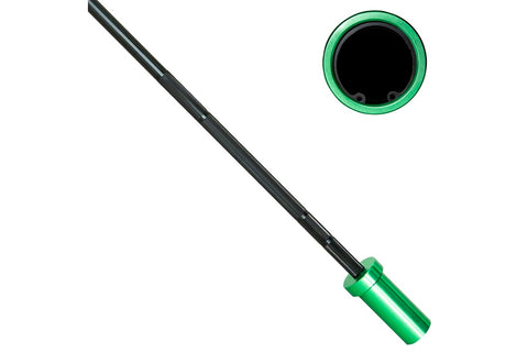 Warrior Mini Olympic Barbell with black shaft and bright green end cap and collar, shown at angle on white background