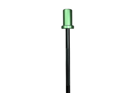 Warrior Mini Olympic Barbell with black shaft and bright green end cap and collar, shown at angle on white background