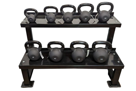 Two-tier black kettlebell rack holding nine neoprene-coated kettlebells labeled 15 to 50 pounds, on white background