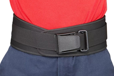 Black nylon weightlifting belt with padded back support and hook-and-loop closure, flat lay on white background