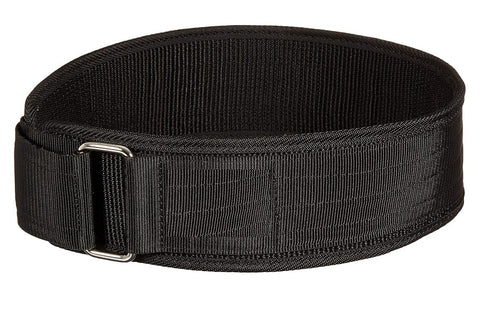 Black nylon weightlifting belt with padded support and velcro closure, displayed flat on white background