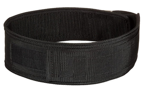 Black nylon weightlifting belt with padded support and velcro closure, displayed flat on white background