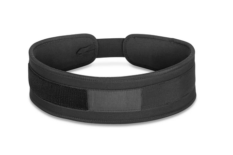 Black nylon weightlifting belt with padded back support and hook-and-loop closure, flat lay on white background